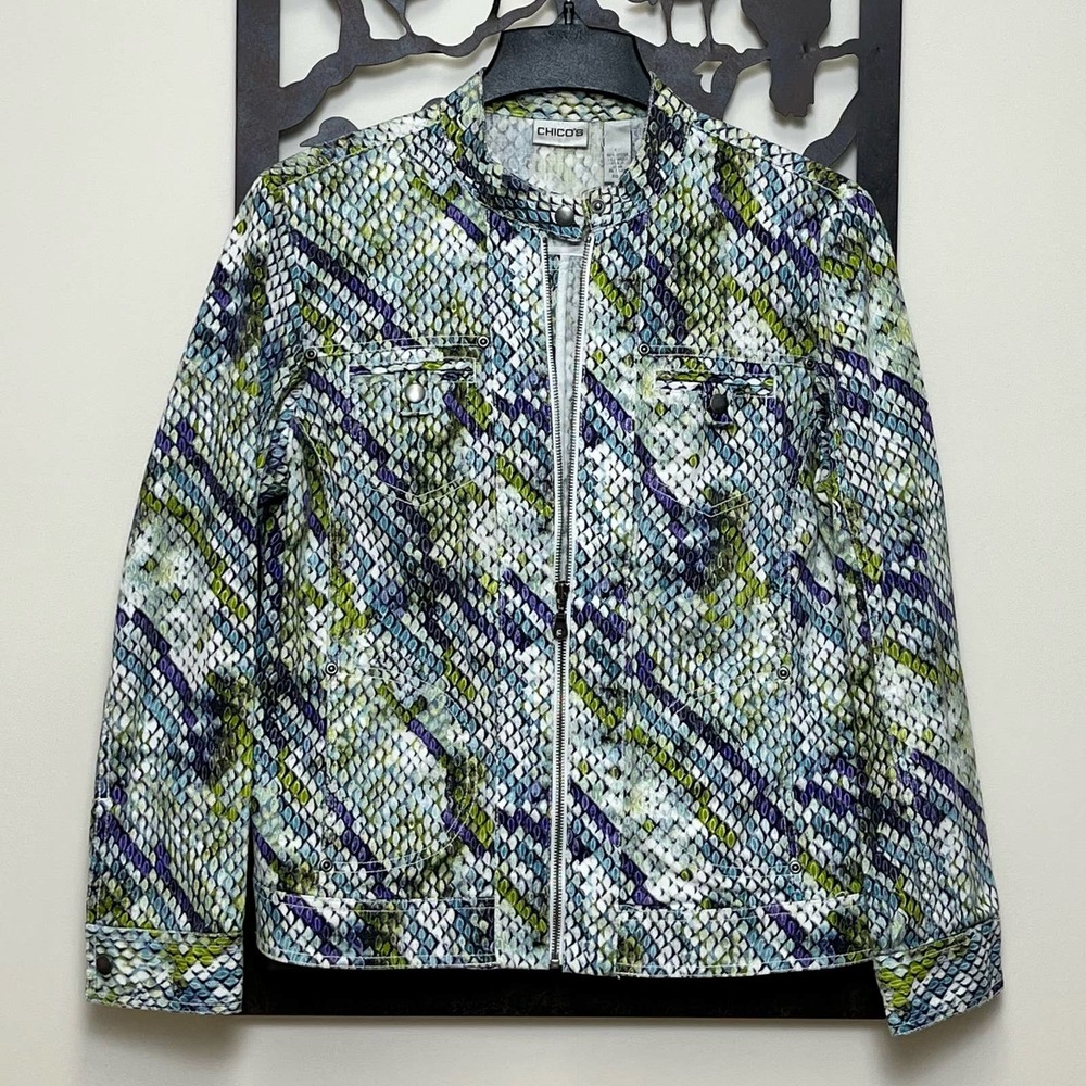 Chicos Moto Style Snake Denim Style Jacket Medium Coat Size 2